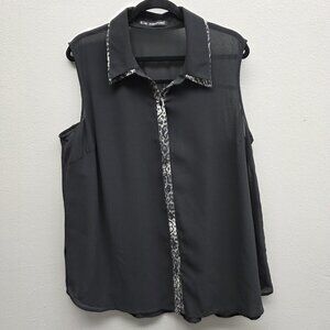 Maurices Shirt Womens 2X Black Sleeveless Button Sheer Leopard Trim Chiffon